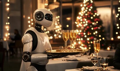 Robot server carrying champagne flutes on a tray in a festive restaurant setting