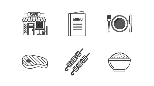 Vector illustration of set of six simple line art icons related to food and dining on a white background
