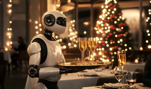 Robot server carrying champagne flutes on a tray in a festive restaurant setting