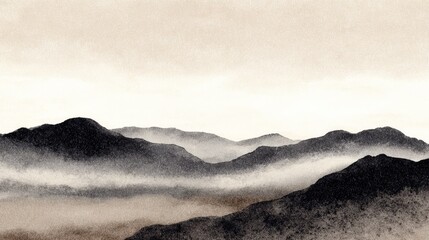 Misty mountain range in muted tones.