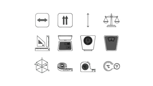 Vector illustration of set of measurement and weighing icons including scales and rulers on a white background