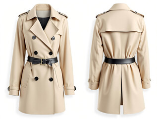 Classic beige double-breasted trench coat with black belt, front and back view, isolated on white background