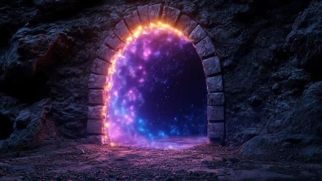 Mystical arched stone portal glowing with vibrant purple and blue energy in a dark cave
