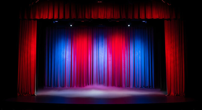 Theatrical Grandeur: A captivating stage awaits, draped in majestic red and blue curtains, illuminated by spotlights, setting the scene for a performance.