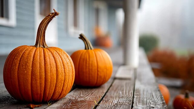 Rustic porch autumn decor with pumpkins on wooden bench