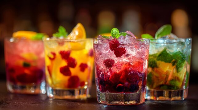 Colorful cocktails served in glasses with fresh fruits and mint in a lively bar setting