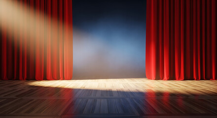 Curtain Call in the Limelight: A dramatic stage scene, where vibrant red curtains frame an empty stage bathed in a single spotlight. The wooden floor reflects the light.
