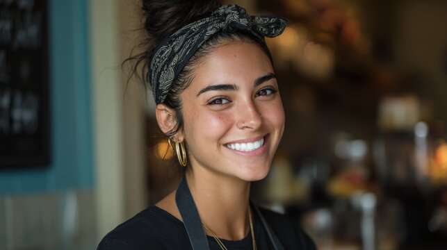 Smiling barista serves coffee with warmth in cozy cafe during the morning rush in downtown - Powered by Adobe