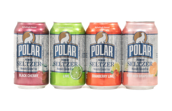 St. Louis, Missouri USA - November 10, 2025: Quartet of Polar brand flavored carbonated seltzer water in 12oz 355ml aluminum pop top pull tab cans, typical sold in cases together at Costco