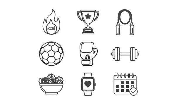 Vector illustration of set of fitness and sport icons including trophy and healthy food on a white background - Powered by Adobe