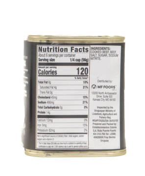 St. Louis, Missouri USA - November 10, 2025:  real panel with nutrition facts Pampeano premium corned beef in 12oz can, product imported from Uruguay