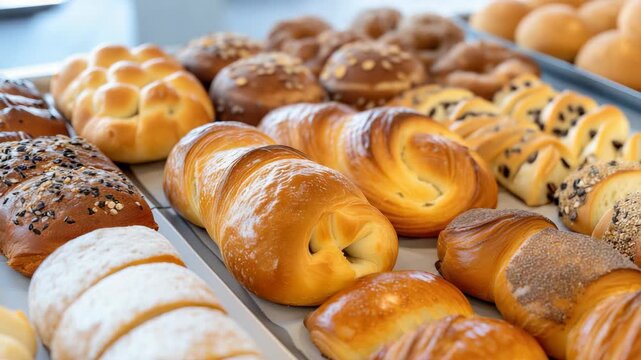 Tray of assorted bread rolls and pastries in a bakery