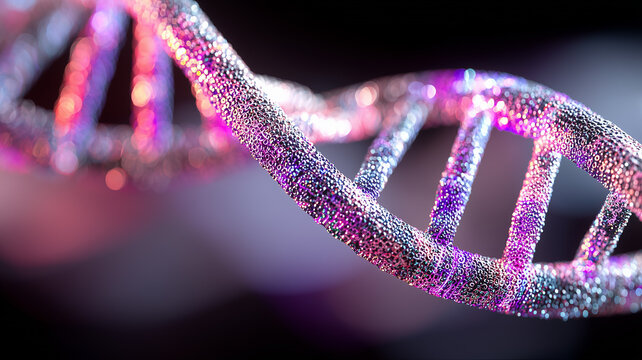 Shimmering DNA double helix symbolizing genetics innovation, molecular biology, and biotech discovery.
