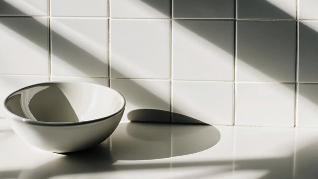 Sunlight shifting shadows on ceramic bowl with white tile background