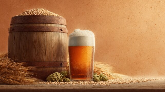 Craft beer in a frosted glass beside a wooden barrel filled with grains on a rustic wooden surface