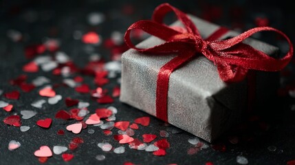 Gift box decorated with red ribbon sits on a surface scattered with heart-shaped confetti during a celebration