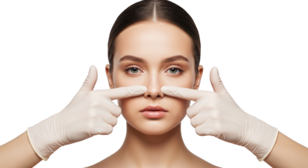 Woman's face gloved hands touching nose beauty procedure cosmetic surgery rhinoplasty concept clear skin isolated on black transparent background