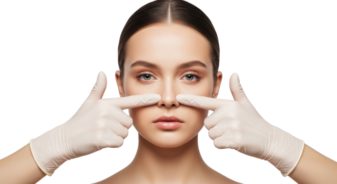 Woman's face gloved hands touching nose beauty procedure cosmetic surgery rhinoplasty concept clear skin isolated on black transparent background