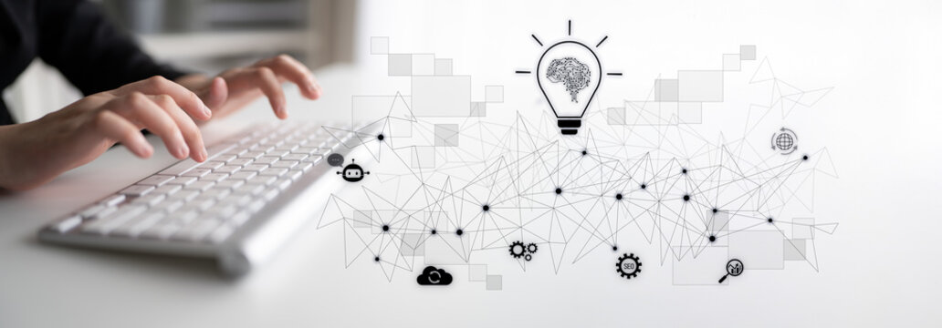 AI innovation with neural network and digital transformation. AI innovation drives automation, powers ideas, AI innovation enhances SEO, and AI innovation enables global connection. Latch