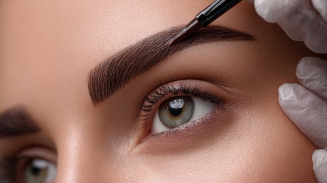 Expert brow shaping technique focusing on a woman's eye and eyebrow during a beauty treatment session in a salon