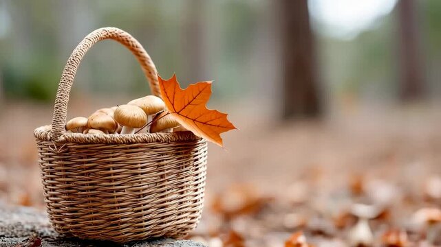 Autumn basket with leaves and nuts in a forest setting captures nature's tranquility