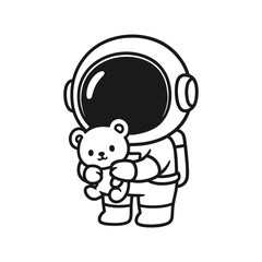 Astronaut carrying a teddy bear. Hand-drawn coloring pages