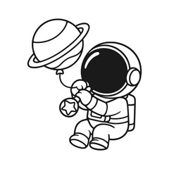 Astronauts carrying planet-shaped balloons. Hand-drawn coloring pages