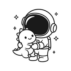 Astronauts with dinosaurs. Hand-drawn coloring pages