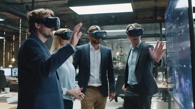 Medium shot capturing a group of professionals engaged in a virtual reality session finetuning design elements together in a futuristic office setting.