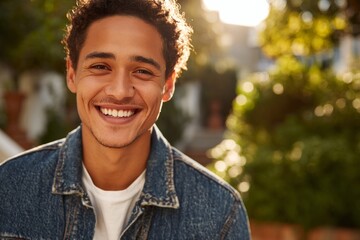 Youthful glow: a student's joyful outdoor expression. Empty space. Joyful outdoor portrait of a happy young man with a bright smile. Studio shot. Rule thirds.