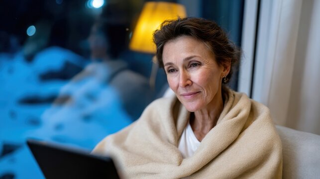 A middle-aged woman sits comfortably wrapped in a blanket, smiling as she enjoys a tablet, surrounded by a cozy domestic environment illuminated by soft, warm lighting.