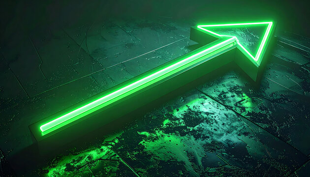 A glowing green neon arrow points upwards on a dark, textured surface, symbolizing growth and progress.