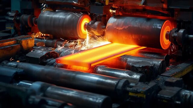 Closeup of aluminum sheet undergoing hot rolling process glowing metal softening under heavy industrial rollers for precise shaping.
