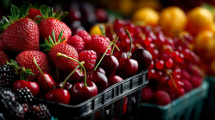 A basket of cherries and strawberries is displayed in a market