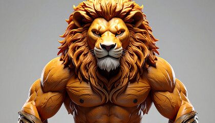 A powerful anthropomorphic lion with a muscular bodybuilder physique stares intensely forward.