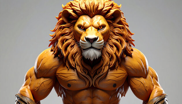 A powerful anthropomorphic lion with a muscular bodybuilder physique stares intensely forward.