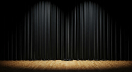 Empty stage with black curtains and hardwood flooring illuminated by spotlights.
