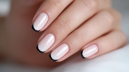 Elegant manicure featuring soft pink polish with striking black tips showcased indoors in calm lighting