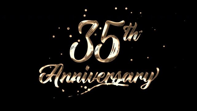 35th anniversary text animation in golden metallic effect. suitable for celebrating special occasions, invitations, anniversary cards and social media. Includes alpha channel for any background.