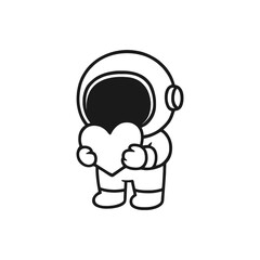 Astronaut carries one heart. Hand-drawn coloring pages