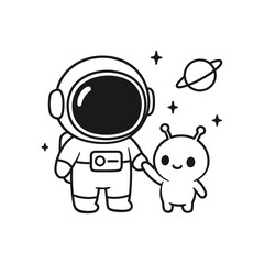 Astronauts with aliens. Hand-drawn coloring pages