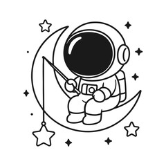 Astronaut fishing. Hand-drawn coloring pages