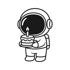 Astronaut carrying birthday cake. Hand-drawn coloring pages