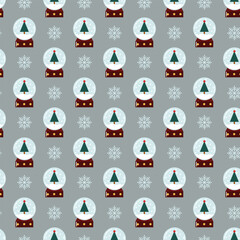 Seamless pattern with snow globes and snowflakes. Winter Vector cozy seasonal background. 