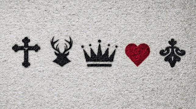 Five graphic symbols, including a cross, deer head, crown, heart, and fleur-de-lis, are displayed in a row on a textured, light gray surface.