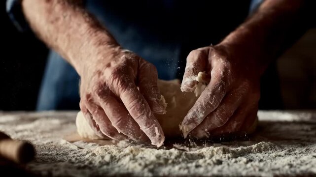 Closeup of hands kneading dough to develop chewy texture emphasizing gluten formation for traditional French bread.