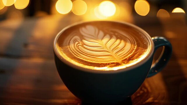 Latte art on coffee in a blue cup
