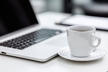 Laptop, coffee, and notebook on a clean white desk