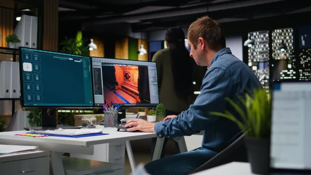 Game developer utilizes AI generated program to design spaceship station using deep learning, futuristic environment enhanced by machine learning solutions and cloud computing. Camera A.