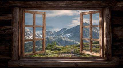 Rustic wooden window opening onto mountain landscape view